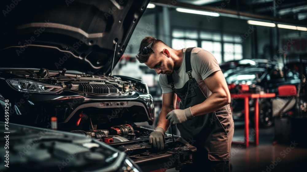 A car mechanic works in a car repair shop. Repair service. A car mechanic works at a car service center. Repair work. A car mechanic works in a car repair shop. Repair service. A car mechanic works at a car service center. Repair work.