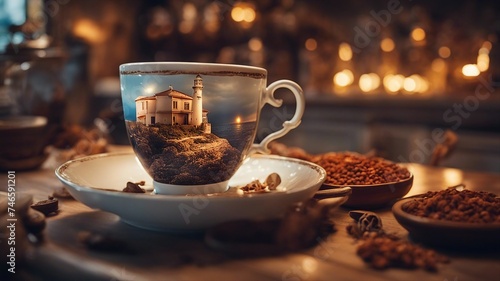 cup of coffee highly intricately detailed photograph of Old lighthouse in Andros inside a tea cup on a teacup 