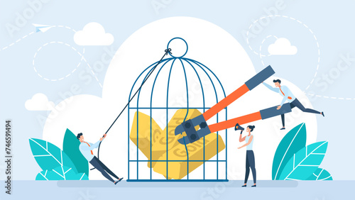Free the gold bars from the cage. Seizure of property. Bail for a crime. The businessman cuts the lock, frees the gold. Business concept metaphor of financial freedom. Vector illustration