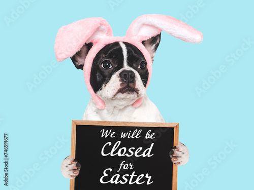 We will be closed for Easter. Signboard. Lovable, pretty puppy. Closeup, studio shot, indoors. Day light. Congratulations for family, loved ones, relatives, friends and colleagues. Pets care concept © Svetlana
