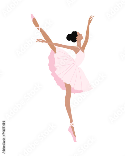 Dancing ballerina in a pink dress and pointe shoes. Illustration, vector
