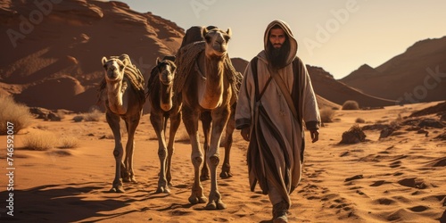 A man leads a camel through the desert. Men wearing traditional clothes on the sand