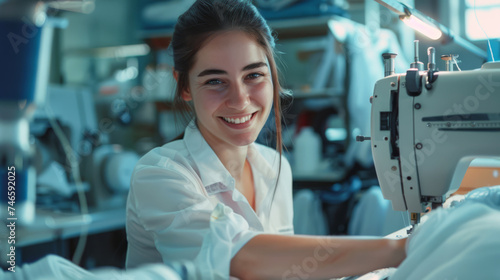 Lavoratrice sorridente che lavora con passione su una moderna macchina da cucire industriale per creare prodotti tessili di alta qualità photo