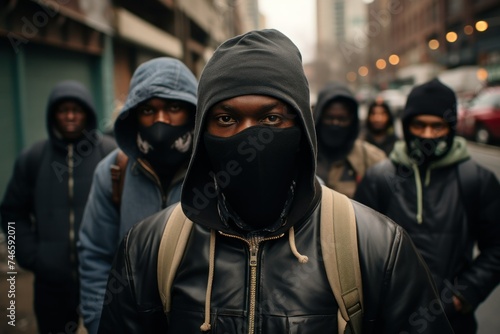 black men rally on the street holding a mask One of them is looking at the camera with a serious expression.