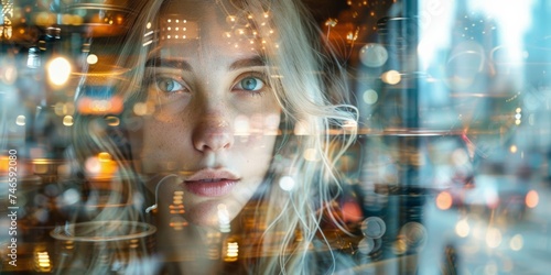 blonde Caucasian woman exudes tranquility as she savors her coffee in a double exposure image, seamlessly intertwining with bokeh lights, casting a dreamy, reflective ambiance. © StockWorld