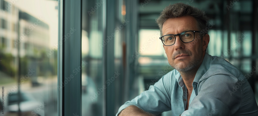 Business man looking out window Business man looking out window