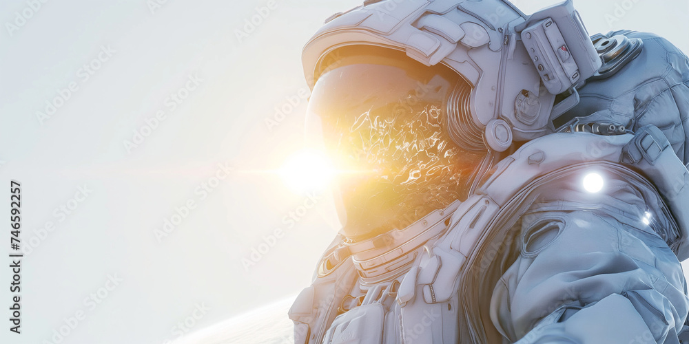 An astronaut in a space suit with a sun flare behind the helmet, suggesting a space exploration theme.
 - obrazy, fototapety, plakaty 