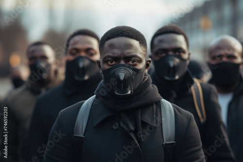 black men rally on the street holding a mask One of them is looking at the camera with a serious expression.