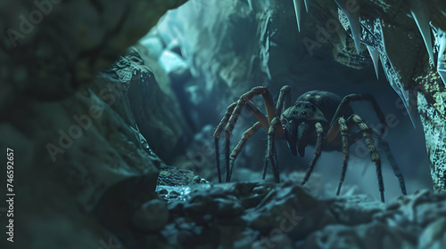 Spider crawling in the cave. Dangerous insect from fairytale 