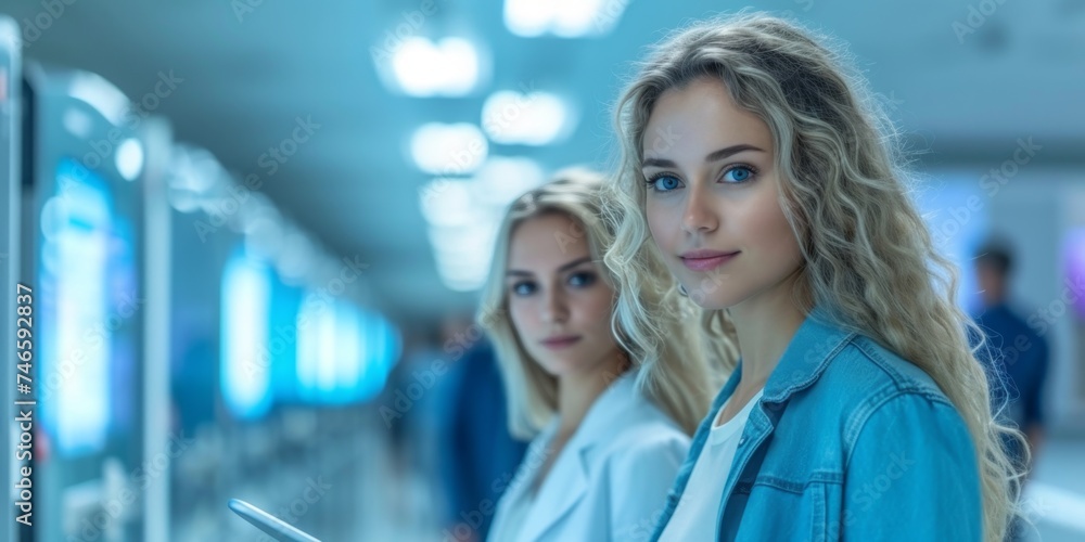 Confident Female Professionals in a High-Tech Corridor. Confident Female Professionals in a High-Tech Corridor.