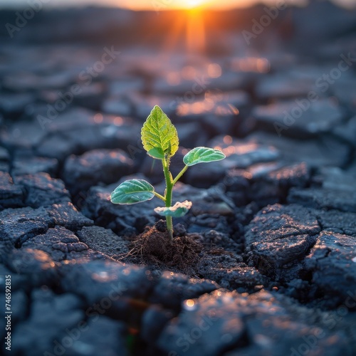 Dry cracked ground, a tender shoot emerges, symbolizing nature's resilience and the green promise of life amidst the harsh environment
