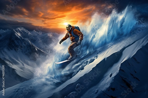 a person on a snowboard jumping up a mountain