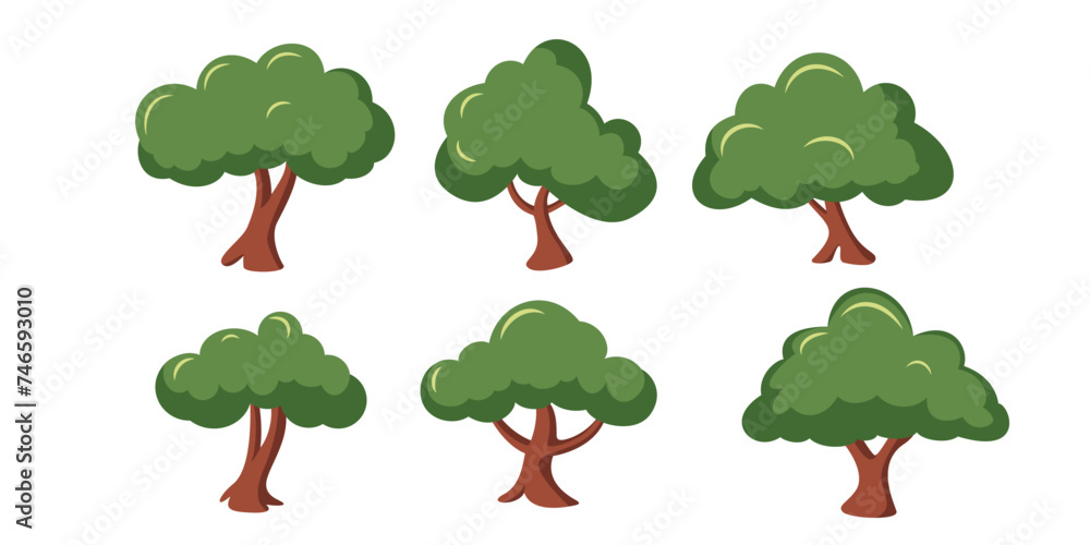 A set of cartoon-style trees on a white background. A set of cartoon-style trees on a white background.