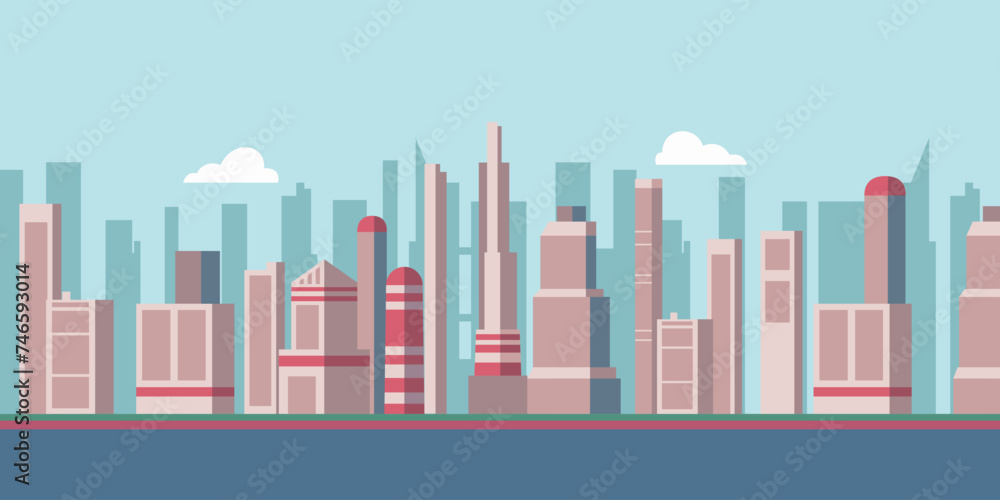 Vector background of the city on the waterfront with high-rise buildings.