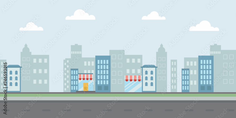Vector city background with shop windows.