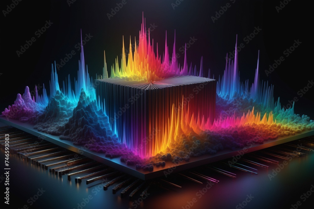 Colorful 3d cube and audio spectrum visualization, horizontal composition