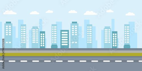 Vector background of the city in the fog. Road with markings.