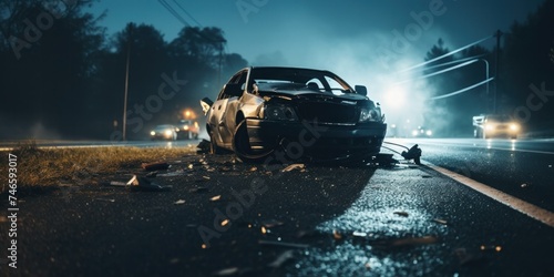 Car crash. Dangerous accident on dark road at night. photo