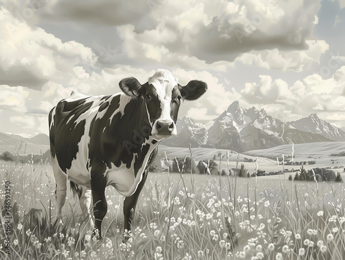Serene black and white cow in lush meadow majestic mountains backdrop essence of peaceful rural life