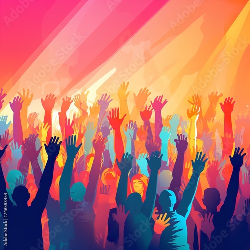 "Colorful Illustration Depicting a Crowd of Individuals with Raised Hands, Symbolizing Human Rights Advocacy"