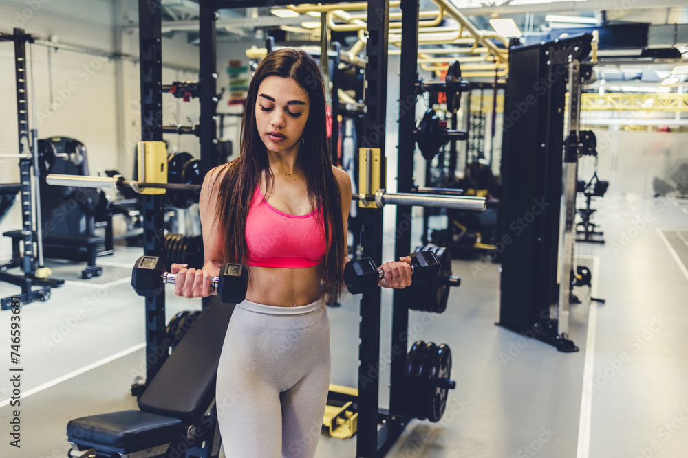 Bodybuilder goal, dumbbell focus and woman in gym for training, sports and exercise wellness. Thinking, sport strong and athlete with weights for fitness and health workout performance for muscle Bodybuilder goal, dumbbell focus and woman in gym for training, sports and exercise wellness. Thinking, sport strong and athlete with weights for fitness and health workout performance for muscle