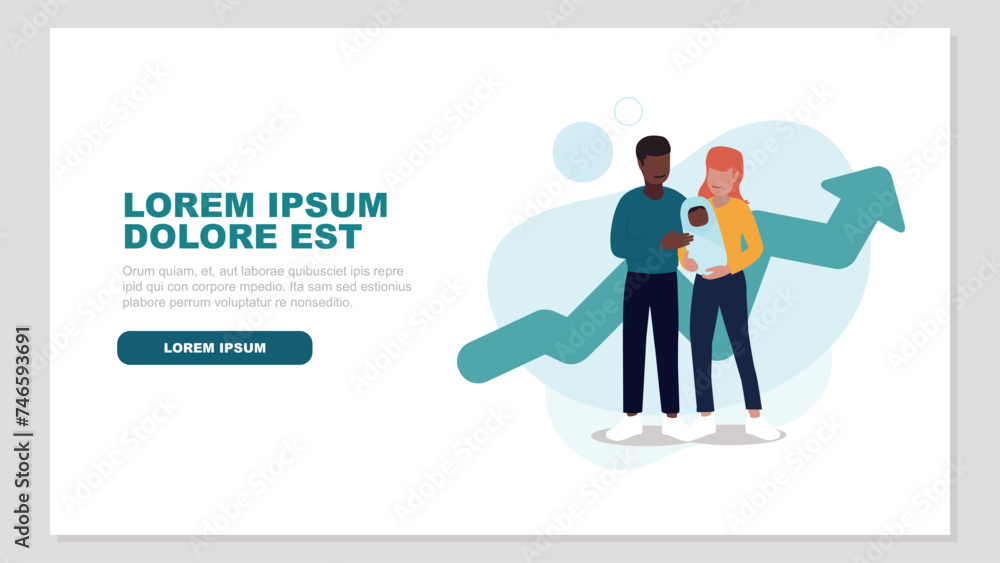 Vektor-Illustration eines Paares mit einem Baby, im Hintergrund eine steigende Kurve eines Graphen - Familienkonzept Vektor-Illustration eines Paares mit einem Baby, im Hintergrund eine steigende Kurve eines Graphen - Familienkonzept