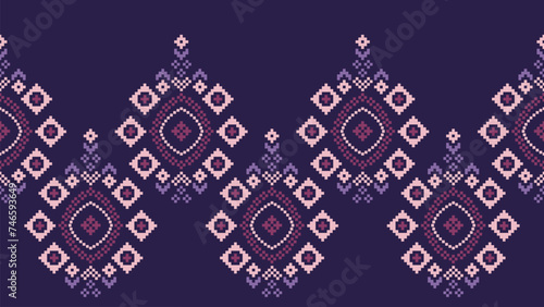Traditional ethnic motifs ikat geometric fabric pattern cross stitch.Ikat embroidery Ethnic oriental Pixel violet purple background. Abstract,vector,illustration. Texture,scarf,decoration,wallpaper.