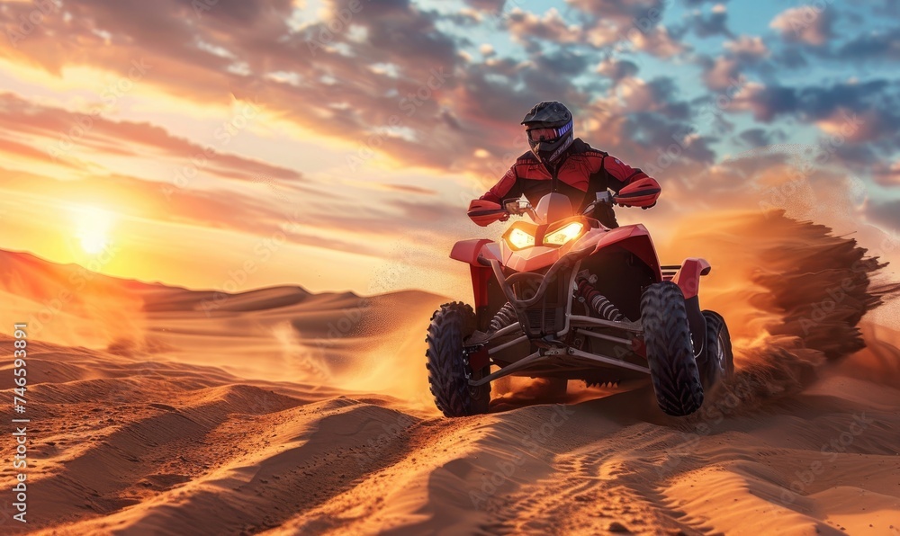 An off road ATV driving dune bashing in breathtaking view desert area at sunset or sunrise An off road ATV driving dune bashing in breathtaking view desert area at sunset or sunrise