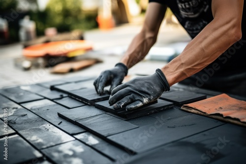 Man puts clinger tiles on glue and presses them down during renovation work photo