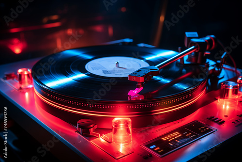 Turntable playing vinyl with blue and pink neon lights. 3d illustration