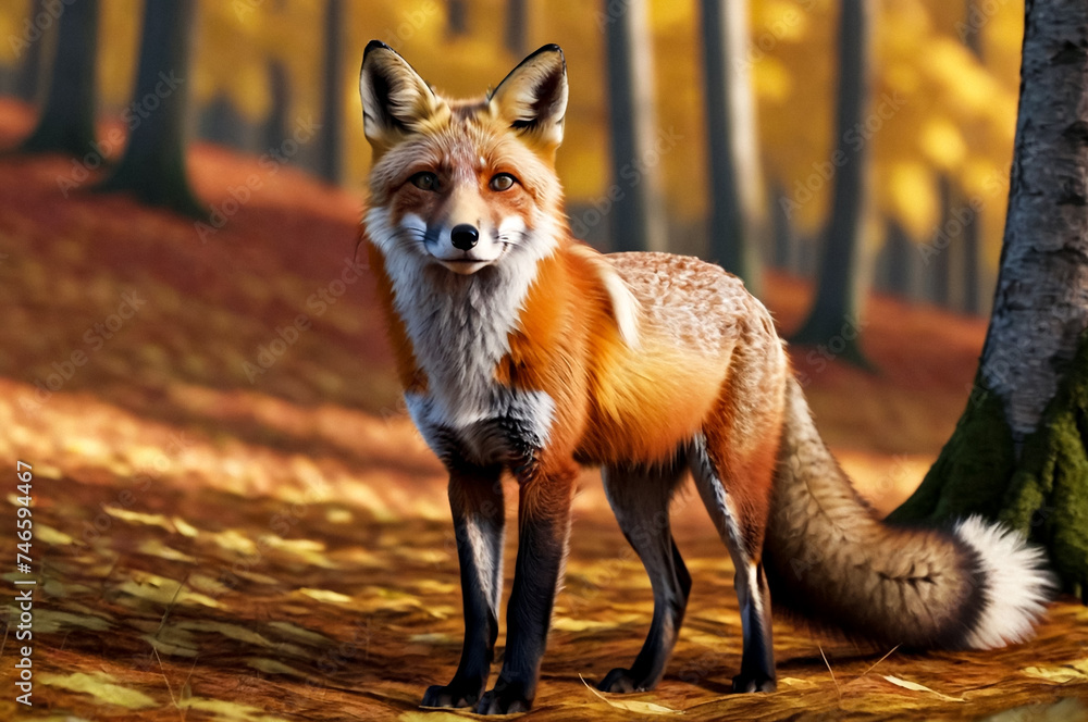 Curious red fox posing in nature forest during fall, outdoors. Illustration of fox glances back at sunlit woodland with autumn foliage, sunshine. Forest animal concept. Copy ad text space. Generate Ai