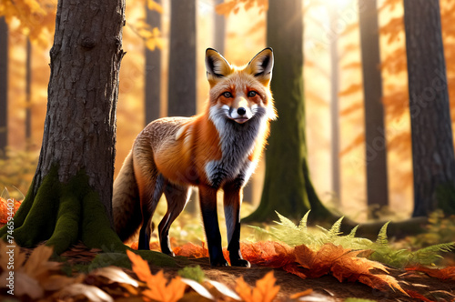 Curious red fox posing in nature forest during fall, outdoors. Illustration of fox glances back at sunlit woodland with autumn foliage, sunshine. Forest animal concept. Copy ad text space. Generate Ai