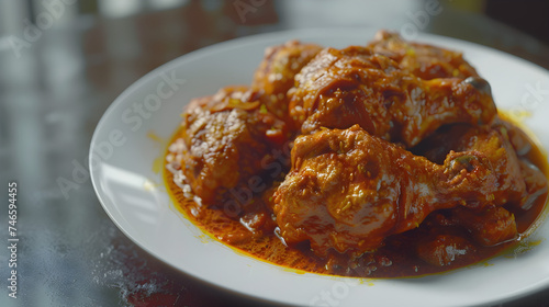 Spicy chicken curry on white plate - Indian Chicken Dopiaza