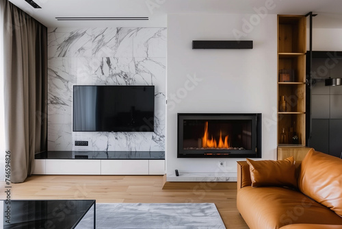 interior of modern living room with fireplace and orange sofa, nobody inside
