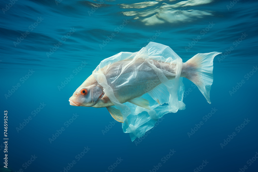 Fish stuck in plastic bag, result of ocean water pollution by plastics
