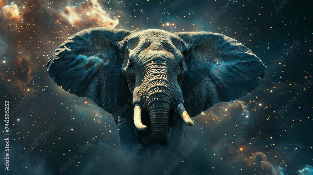 Fototapeta premium Powerful elephant surges forward amidst tumultuous ocean waves under a dramatic, starry sky. Elephant, flying, dark sea sparkles with cosmic light. Elephant in cosmic flight, dark sea swirling below.