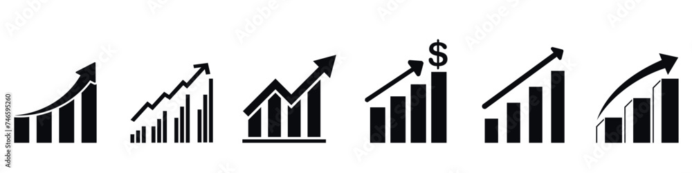 Growing graph icon set in line style. Business chart with arrow ...