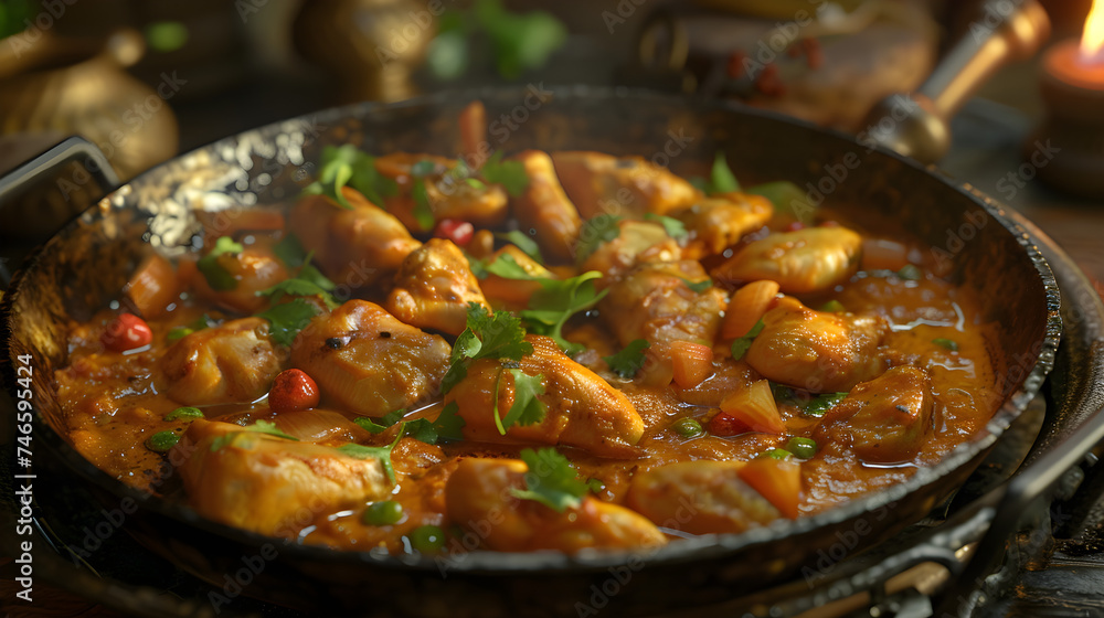 Indian Chicken Haldighat - Sizzling chicken curry in skillet