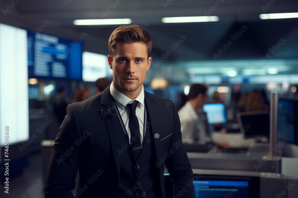Portrait of an airport employee at the check-in counter Portrait of an airport employee at the check-in counter