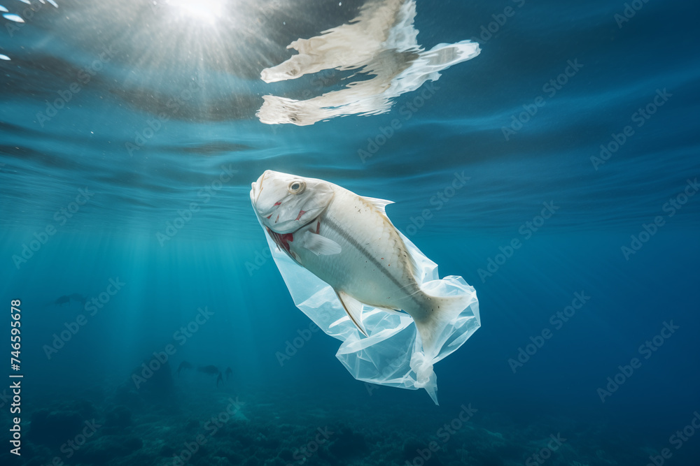 Fish stuck in plastic bag, result of ocean water pollution by plastics ...