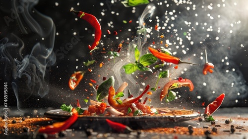 Dynamic explosion of red chili peppers and spices in mid-air, with vibrant flecks of chili powder and seeds suspended against a dark backdrop