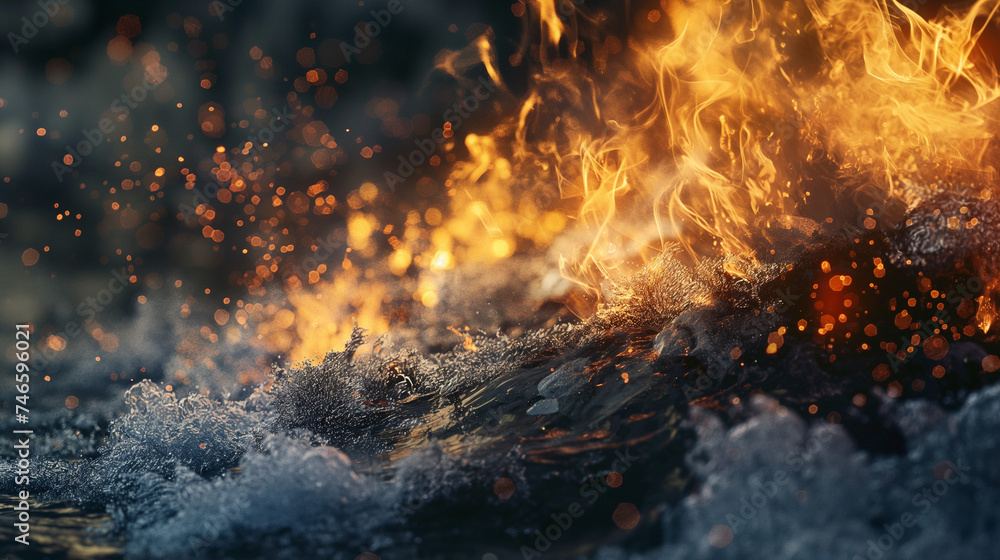 Fire versus water. Battle of the elements, a wave of water covers a strong fire - obrazy, fototapety, plakaty 