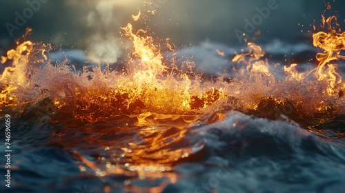 Fire versus water. Battle of the elements, a wave of water covers a strong fire © GeorgeAI