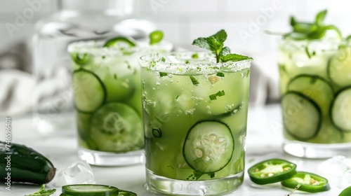 Spice Cucumber Jalapeño Refreshment Mocktail. A trio of cool, crisp cucumber and zesty jalapeño drinks, perfectly iced for a refreshing and slightly spicy summer quencher. Picant cocktail photo