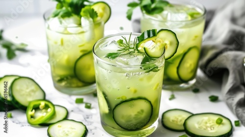 Spice Cucumber Jalapeño Refreshment Mocktail. A trio of cool, crisp cucumber and zesty jalapeño drinks, perfectly iced for a refreshing and slightly spicy summer quencher. Picant cocktail