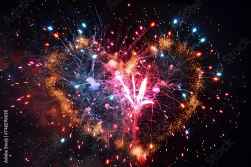 An enchanting display of fireworks forming a giant heart in the night sky, with radiant bursts of color and cascading sparks creating a mesmerizing spectacle of love and celebration.