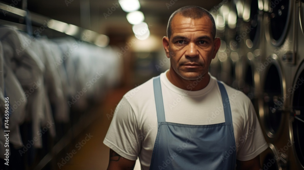 Fototapeta premium Laundry supervisor in hotel laundry room overseeing operations folded linens