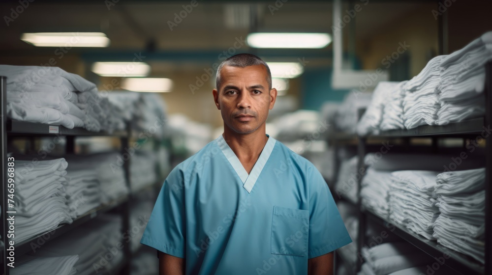Hospital laundry leader oversees cleaning with neatly folded medical linens Hospital laundry leader oversees cleaning with neatly folded medical linens