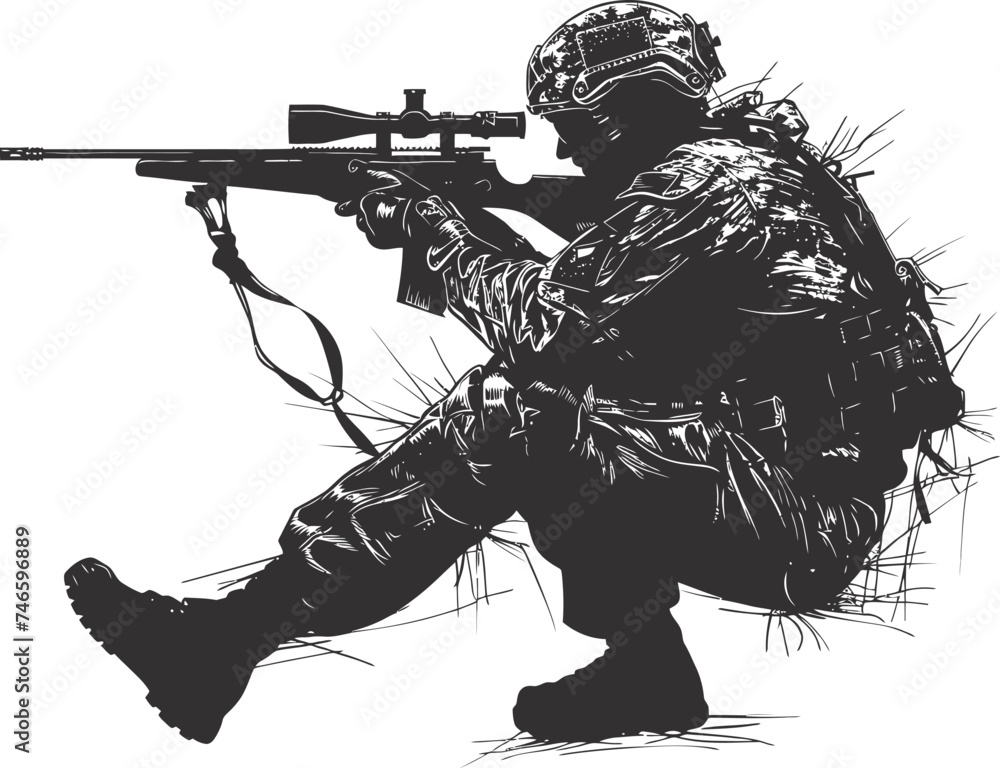Silhouette sniper in action black color only full body