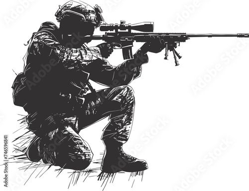 Silhouette sniper in action black color only full body